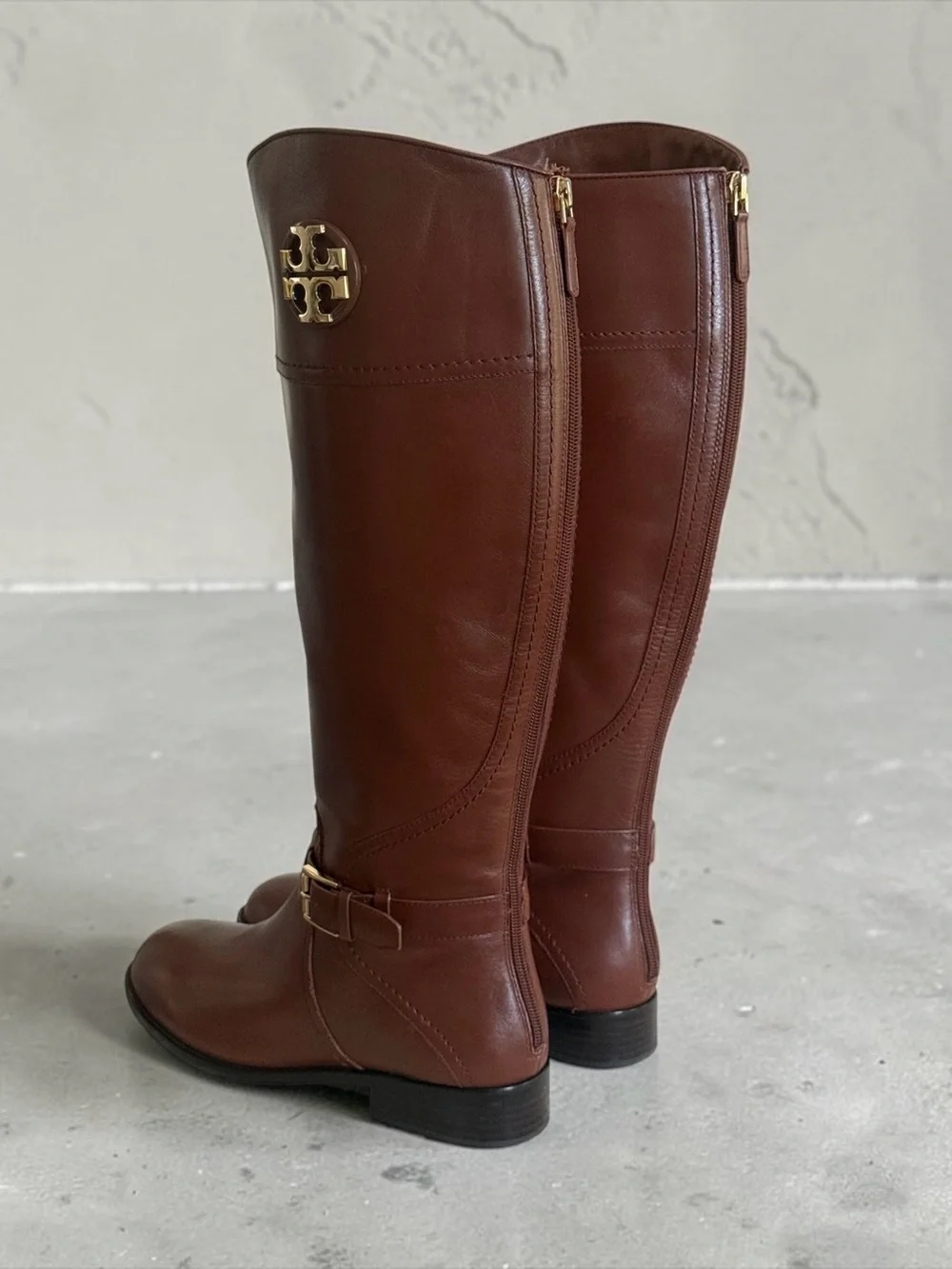 Tory Burch Chestnut Brown Leather Tall Riding Boots with Gold Logo Size 9.5